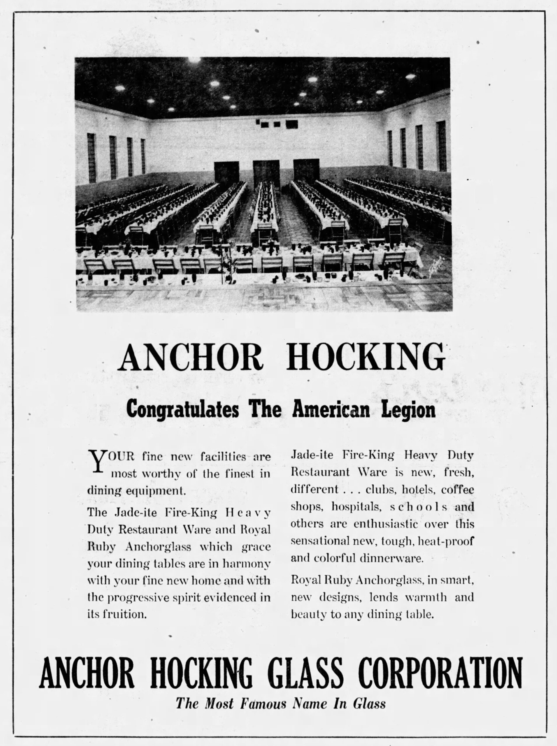 An Anchor Hocking ad from 1949 announces The American Legion will be outfitted with Fire-King Restaurant Ware and Royal Ruby Anchorglass.