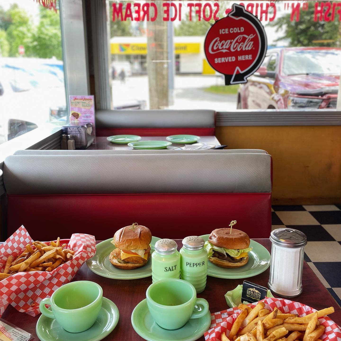 Fire-King Restaurant Ware staged at Rocko's Diner, Mission, BC, Canada