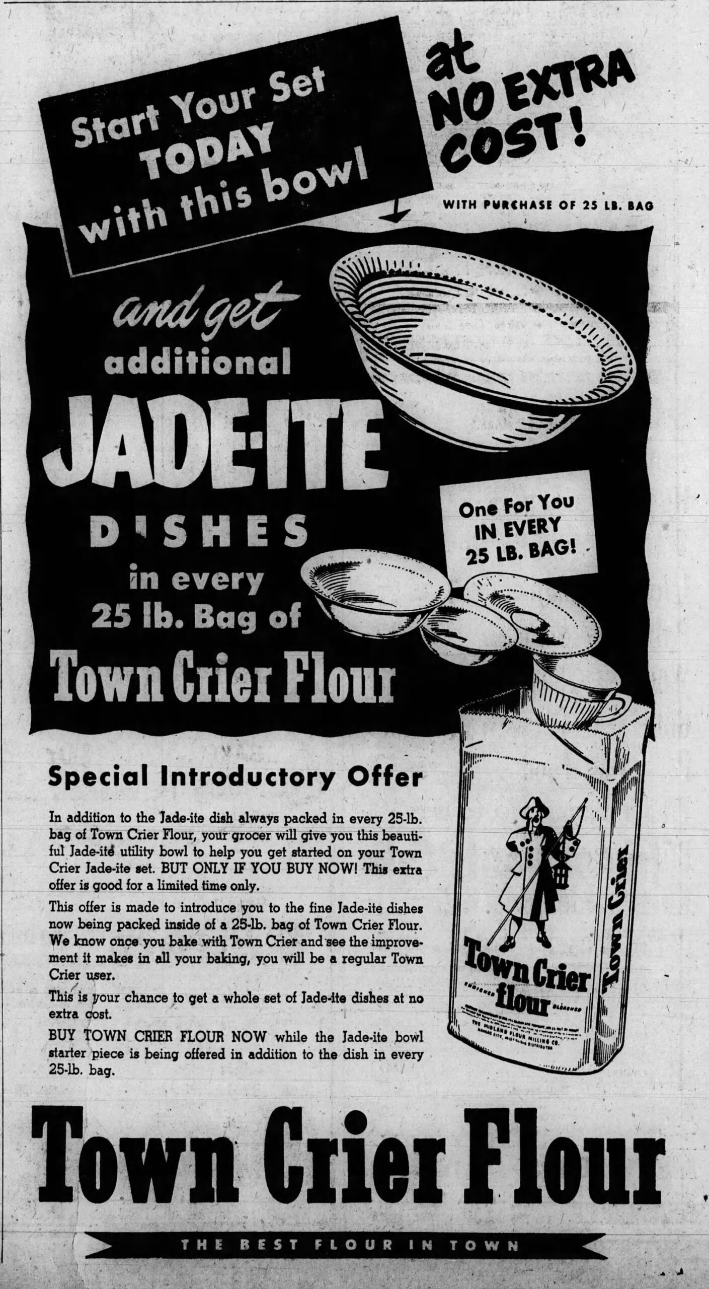 Newspaper Ad for Jane Ray Jadeite Dishes in Town Crier Flour