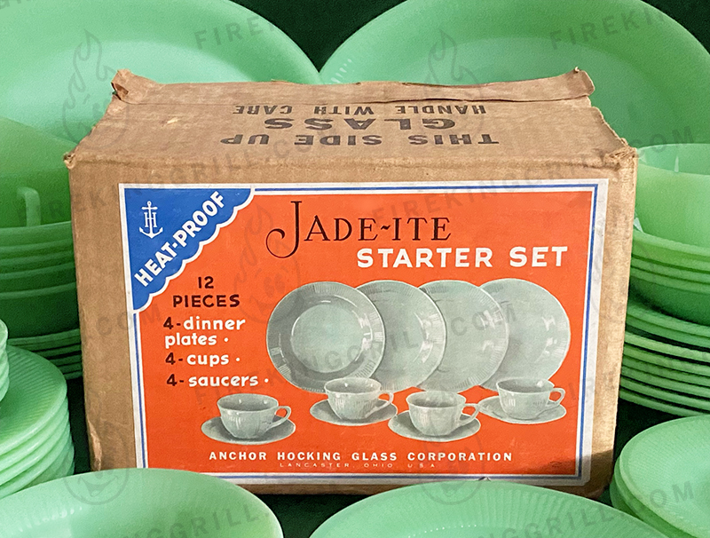 Jadeite Jane Ray Decorated Box Starter Set surrounded by stacks of Jadeite dishes!