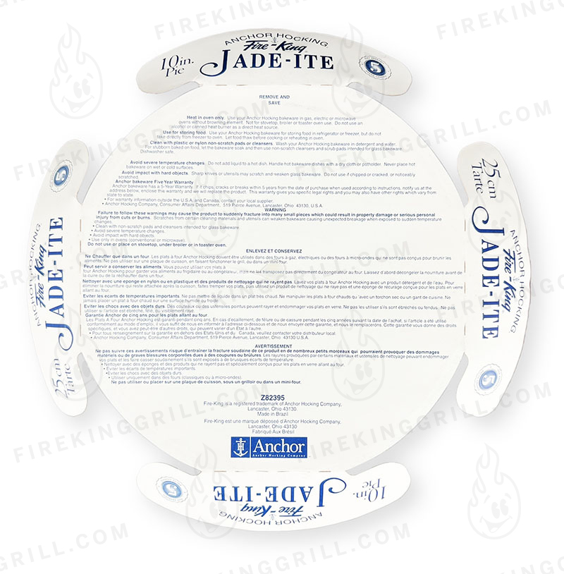 Anchor Hocking Fire-King 2000 Jadeite Pie Plate Paper Insert (backside)