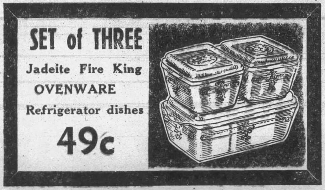 Fire-King Jadeite Philbe Refrigerator Dish Ad in 1950