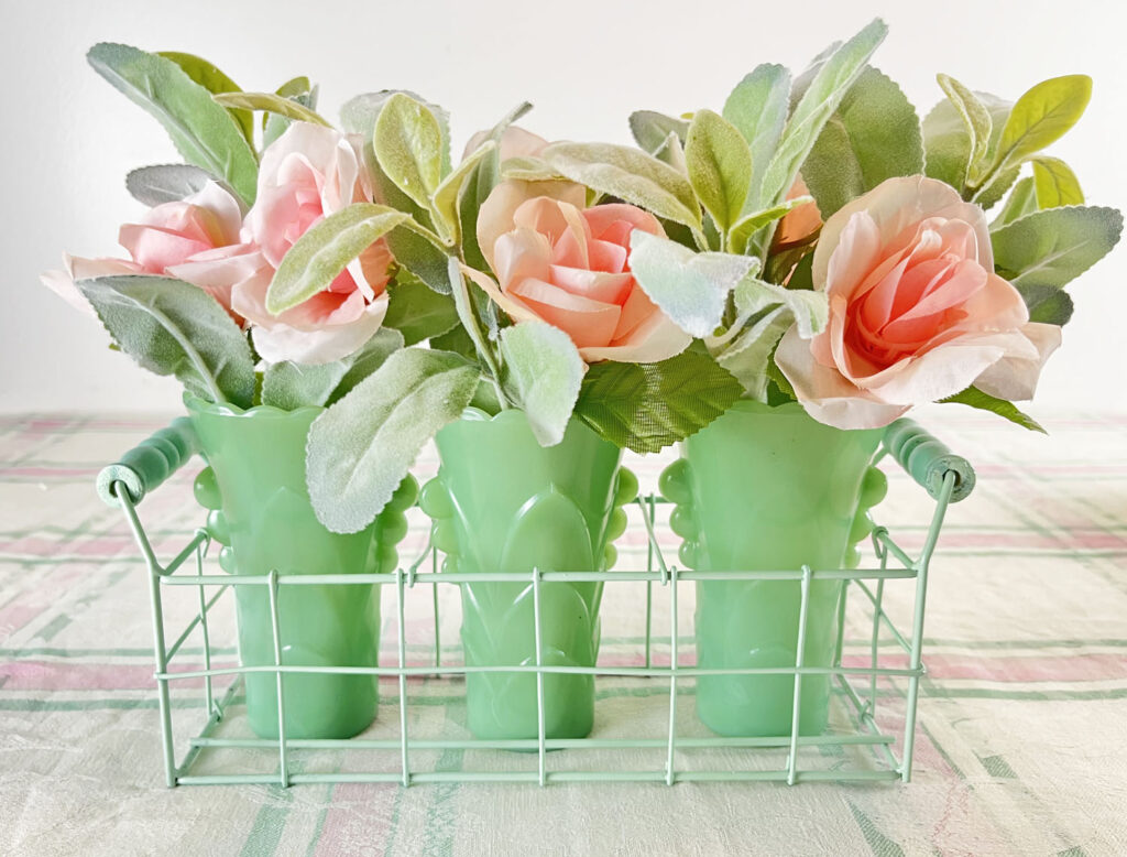 How to Create a Vintage Jadeite Dish Tablescape - Adding Flowers