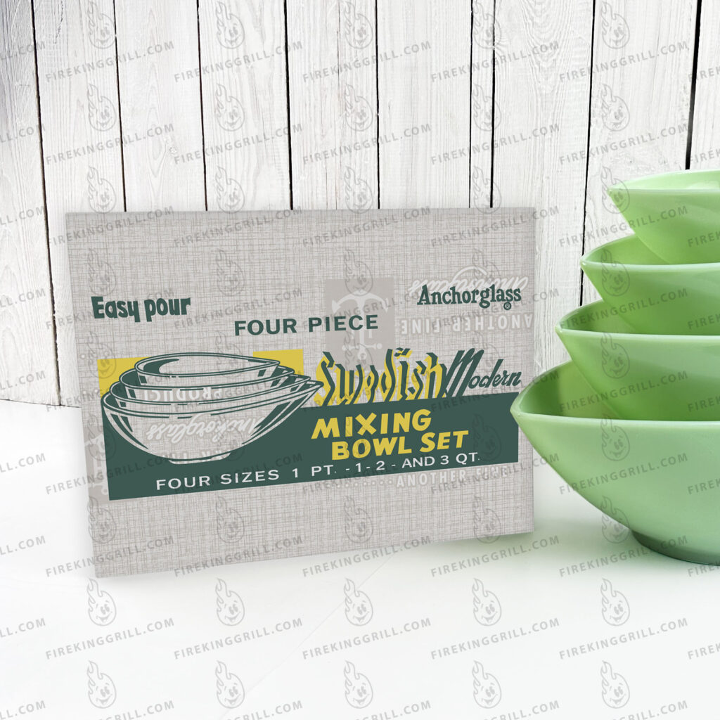 Anchor Hocking Fire-King Jade-ite Swedish Modern Teardrop Mixing Bowls Original Box Design - Reproduction Poster