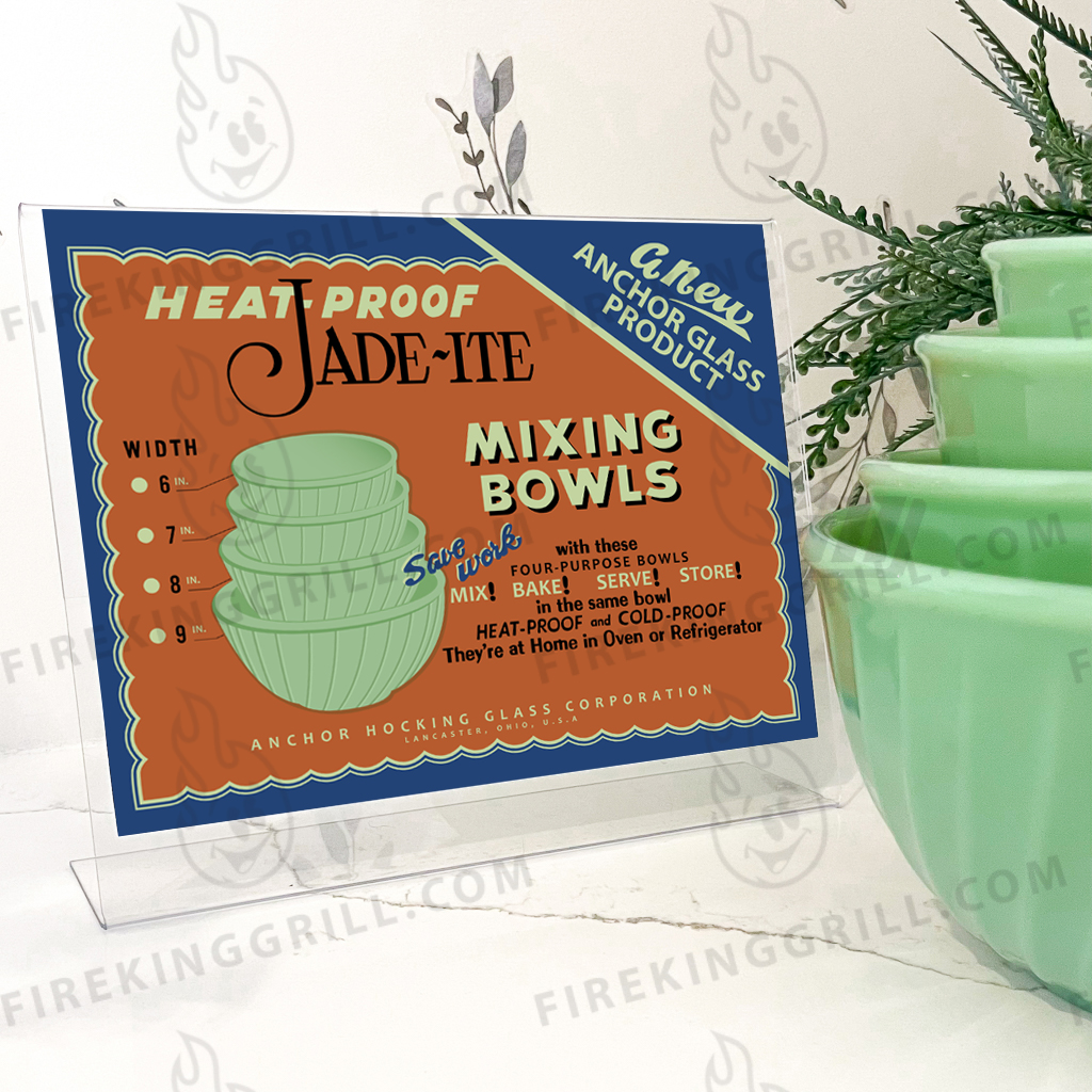 Anchor Hocking Fire-King Jade-ite Swirl Mixing Bowls - Original Box Design - Reproduction Poster