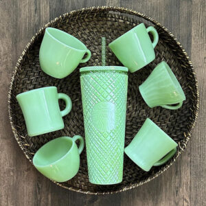 Fire-King Jade-ite coffee cups with matching Jadeite Starbucks travel mug.