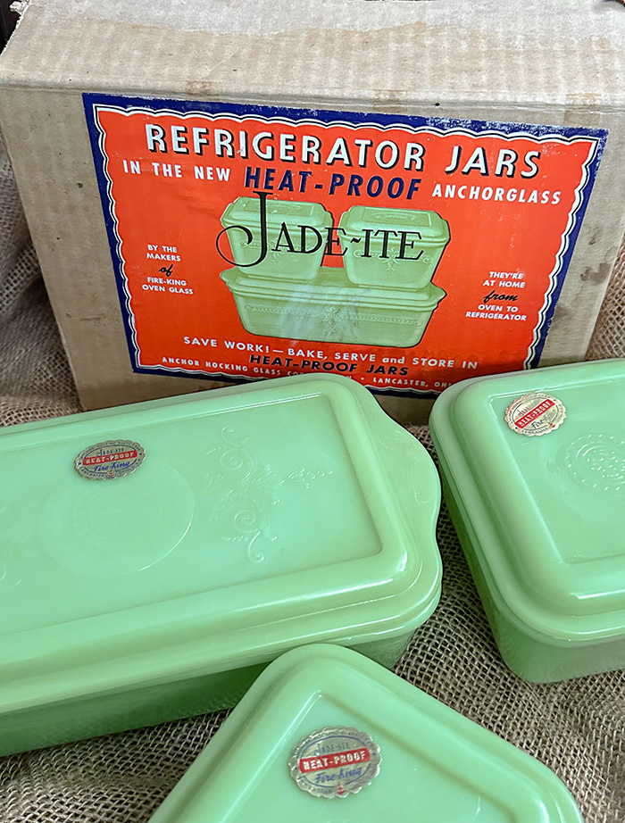 Fire-King Jade-ite Philbe Fridge Dishes in Original Box with Foil Stickers