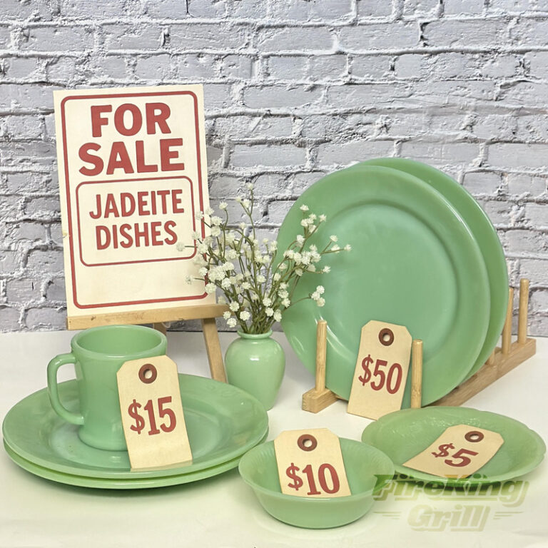 Jadeite dishes displayed with price tags at a local market-style setup, including a mug, plates, and bowls with a 'For Sale' sign.