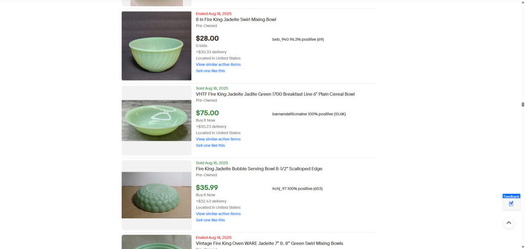 eBay Completed listings for Fire-King Jadeite bowls